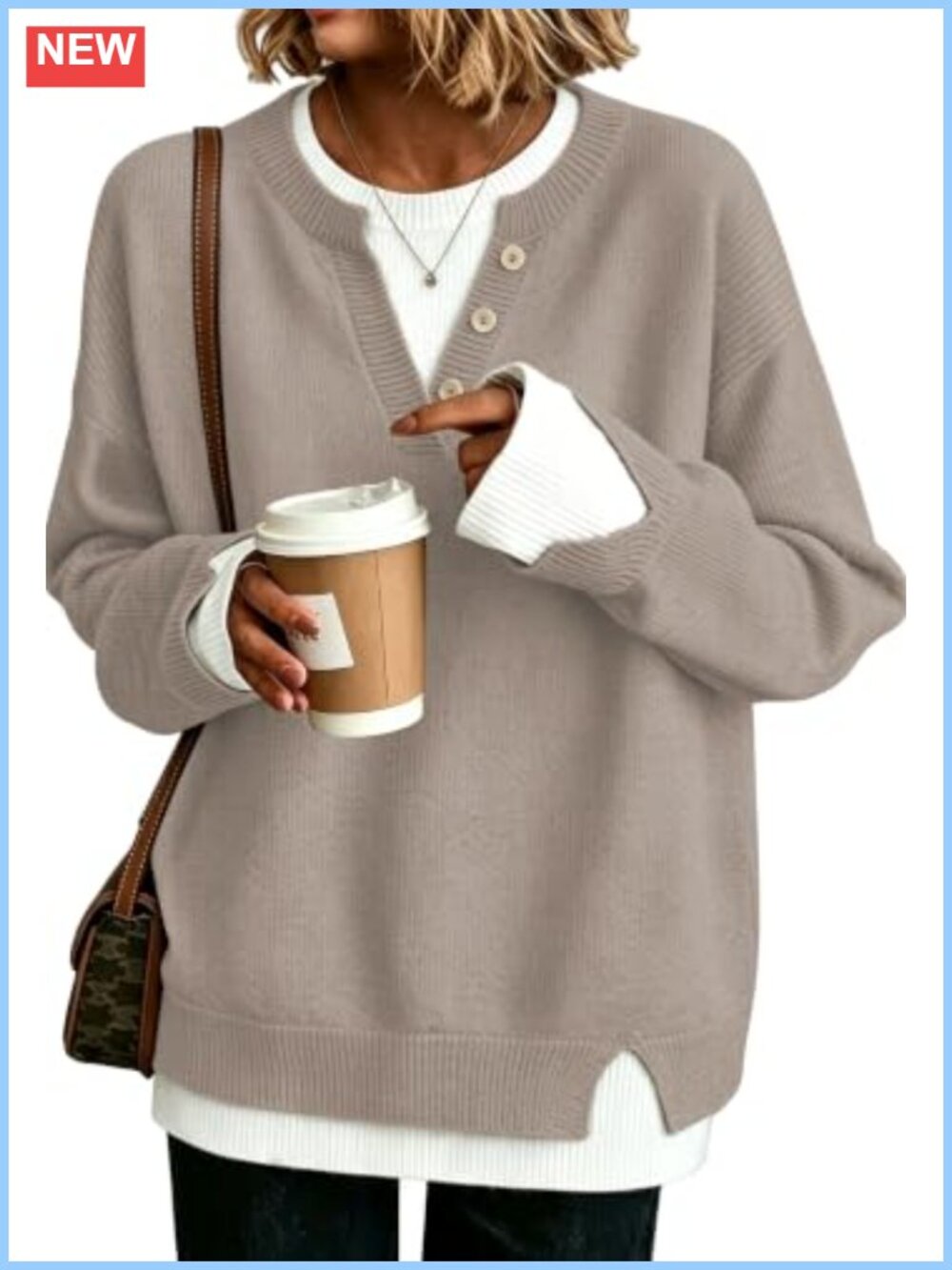 Women's Henley Sweater Pullover Long Sleeve Button V-Neck Knit Top